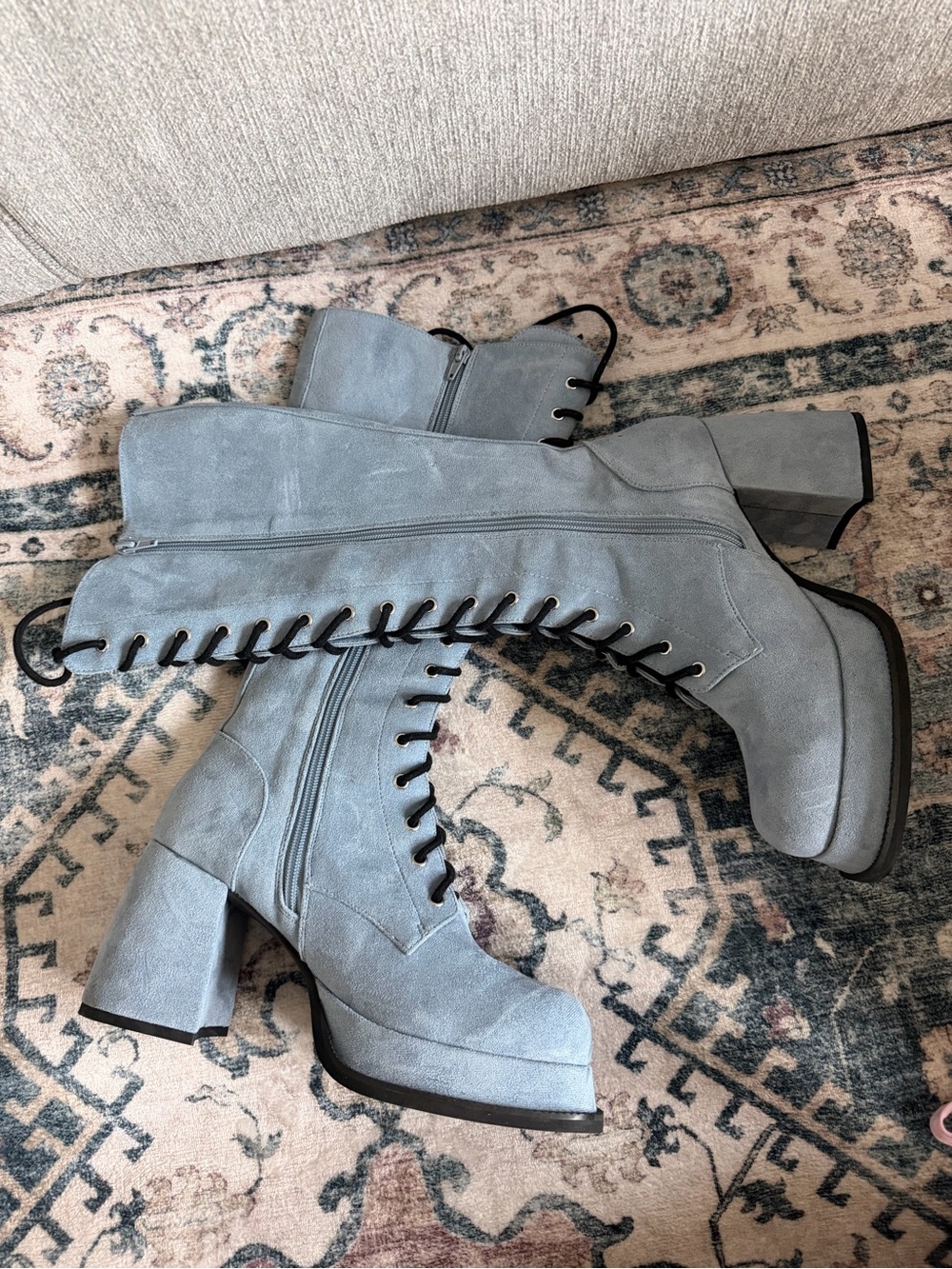 Dolls Kill Light Blue Lace-Up Suede Knee High Boots